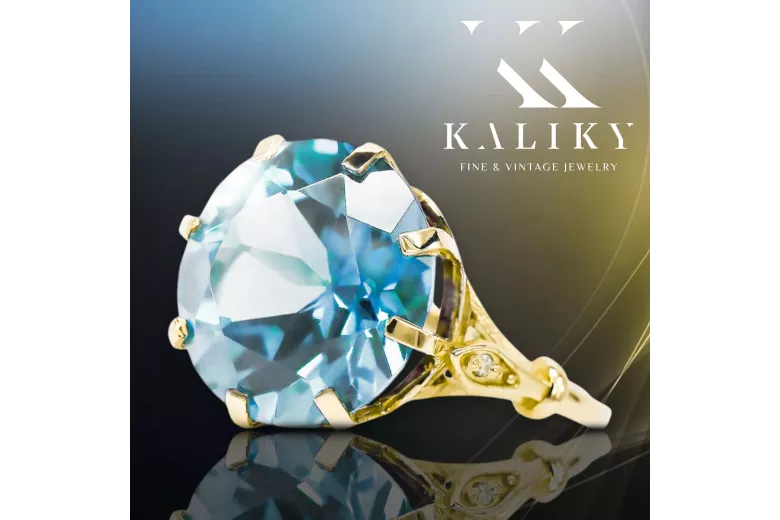 Пръстен Винтидж бижута Аквамарин 14K жълто злато vrc073y